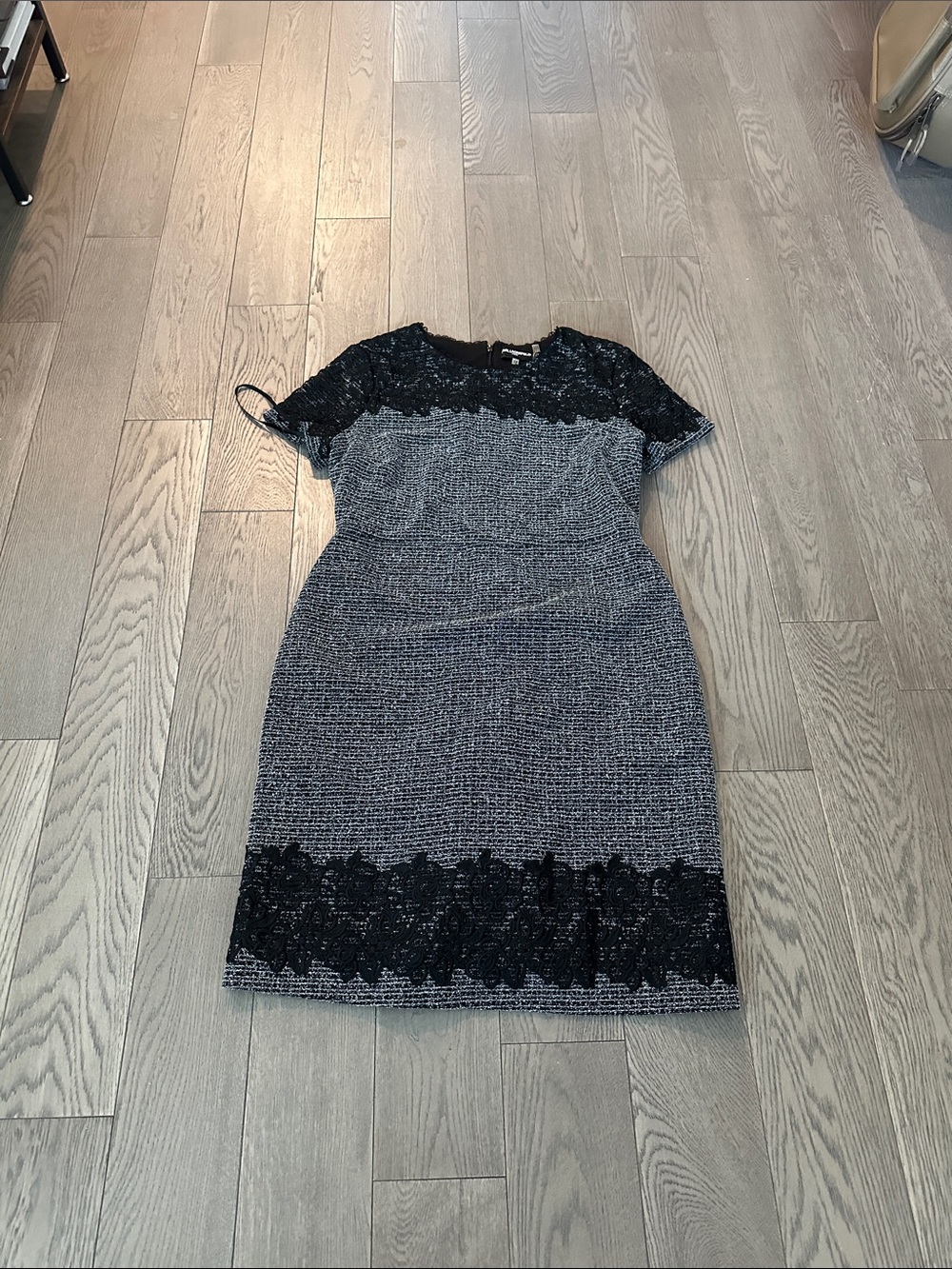 Karl Lagerfeld Gray Sheath Dress with Black Lace Trim